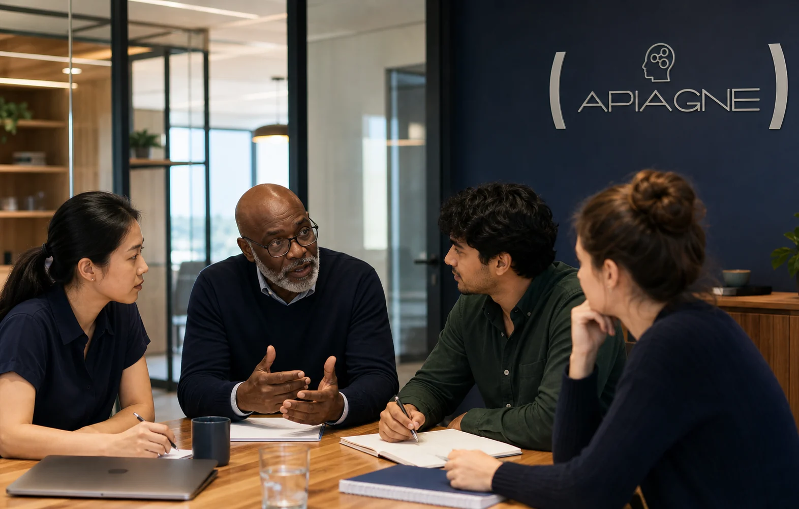 A senior technology professional mentoring colleagues in an Apiagne office