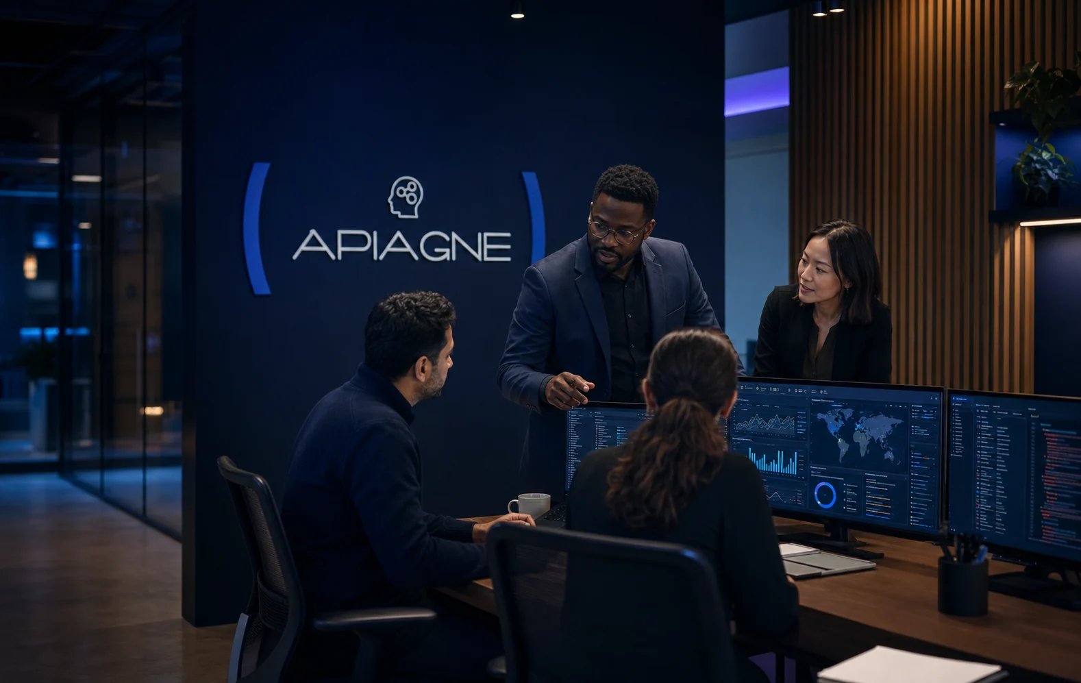 Technology specialists collaborating in an Apiagne operations office